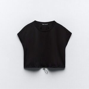 Zara Women’s Black Round Neck Toggled Crop T-Shirt Sz S